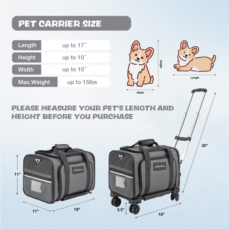 Cat Carrier with Detachable Wheels,2 Sides Expandable Airline Approved Rolling pet Carrier for Puppies and Cats,Pet Travel Carrier for Flight Camping Outdoor