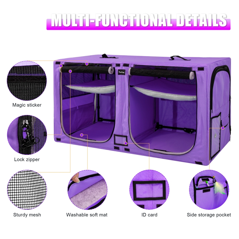 Portable Double Dog Cat Crate,Twin Compartment Cat Show House Cat Condo,Cat Travel Carrier Cages with Litter Box Water Bottle Mat and hamock,Two Room Cat Enclosure Playpen