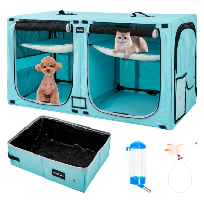 Portable Double Dog Cat Crate,Twin Compartment Cat Show House Cat Condo,Cat Travel Carrier Cages with Litter Box Water Bottle Mat and hamock,Two Room Cat Enclosure Playpen
