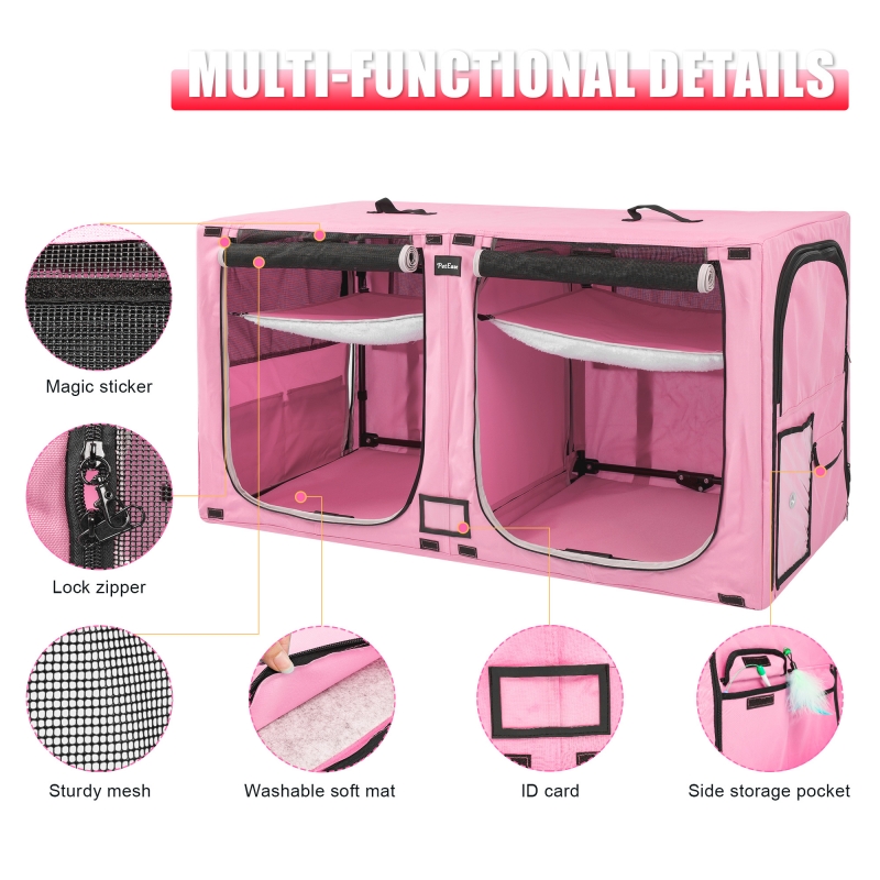 Portable Double Dog Cat Crate,Twin Compartment Cat Show House Cat Condo,Cat Travel Carrier Cages with Litter Box Water Bottle Mat and hamock,Two Room Cat Enclosure Playpen