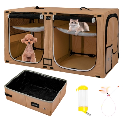 Portable Double Dog Cat Crate,Twin Compartment Cat Show House Cat Condo,Cat Travel Carrier Cages with Litter Box Water Bottle Mat and hamock,Two Room Cat Enclosure Playpen