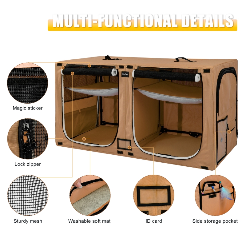 Portable Double Dog Cat Crate,Twin Compartment Cat Show House Cat Condo,Cat Travel Carrier Cages with Litter Box Water Bottle Mat and hamock,Two Room Cat Enclosure Playpen