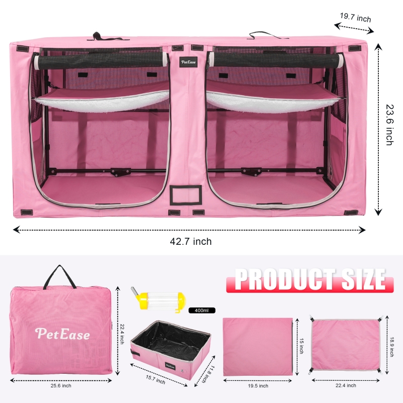 Portable Double Dog Cat Crate,Twin Compartment Cat Show House Cat Condo,Cat Travel Carrier Cages with Litter Box Water Bottle Mat and hamock,Two Room Cat Enclosure Playpen