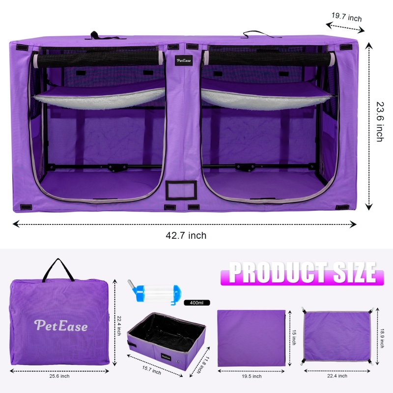 Portable Double Dog Cat Crate,Twin Compartment Cat Show House Cat Condo,Cat Travel Carrier Cages with Litter Box Water Bottle Mat and hamock,Two Room Cat Enclosure Playpen