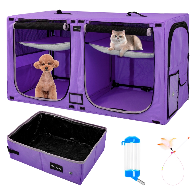 Portable Double Dog Cat Crate,Twin Compartment Cat Show House Cat Condo,Cat Travel Carrier Cages with Litter Box Water Bottle Mat and hamock,Two Room Cat Enclosure Playpen
