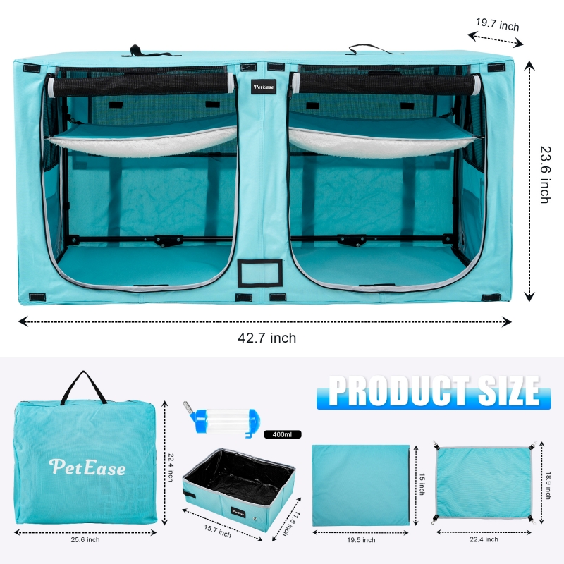 Portable Double Dog Cat Crate,Twin Compartment Cat Show House Cat Condo,Cat Travel Carrier Cages with Litter Box Water Bottle Mat and hamock,Two Room Cat Enclosure Playpen