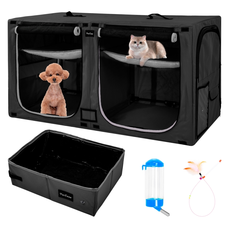 Portable Double Dog Cat Crate,Twin Compartment Cat Show House Cat Condo,Cat Travel Carrier Cages with Litter Box Water Bottle Mat and hamock,Two Room Cat Enclosure Playpen