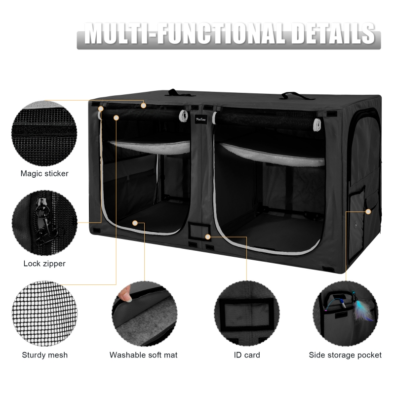 Portable Double Dog Cat Crate,Twin Compartment Cat Show House Cat Condo,Cat Travel Carrier Cages with Litter Box Water Bottle Mat and hamock,Two Room Cat Enclosure Playpen