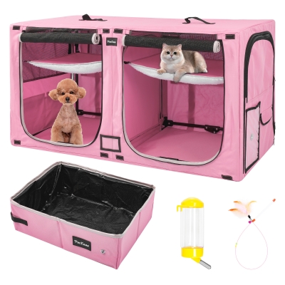 Portable Double Dog Cat Crate,Twin Compartment Cat Show House Cat Condo,Cat Travel Carrier Cages with Litter Box Water Bottle Mat and hamock,Two Room Cat Enclosure Playpen
