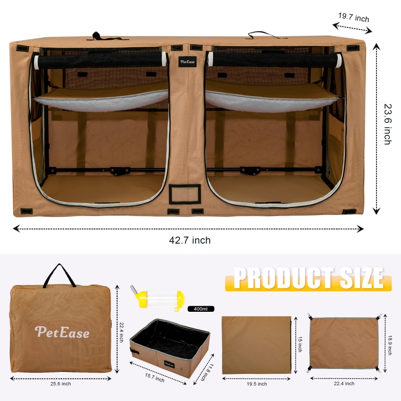 Portable Double Dog Cat Crate,Twin Compartment Cat Show House Cat Condo,Cat Travel Carrier Cages with Litter Box Water Bottle Mat and hamock,Two Room Cat Enclosure Playpen