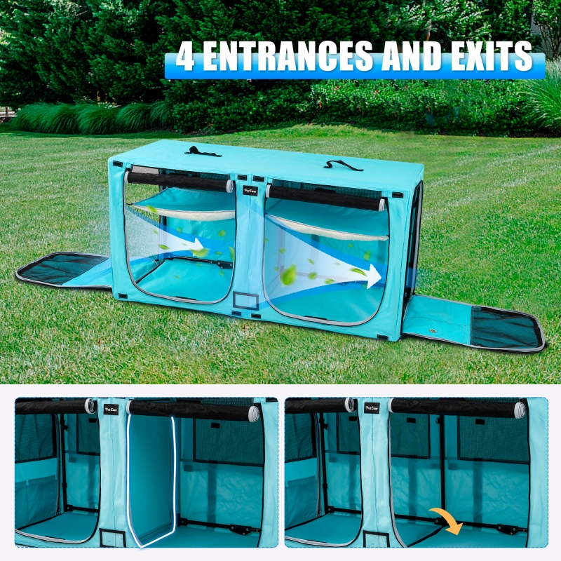 Portable Double Dog Cat Crate,Twin Compartment Cat Show House Cat Condo,Cat Travel Carrier Cages with Litter Box Water Bottle Mat and hamock,Two Room Cat Enclosure Playpen