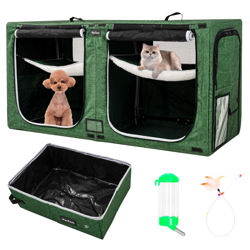 Portable Double Dog Cat Crate,Twin Compartment Cat Show House Cat Condo,Cat Travel Carrier Cages with Litter Box Water Bottle Mat and hamock,Two Room Cat Enclosure Playpen