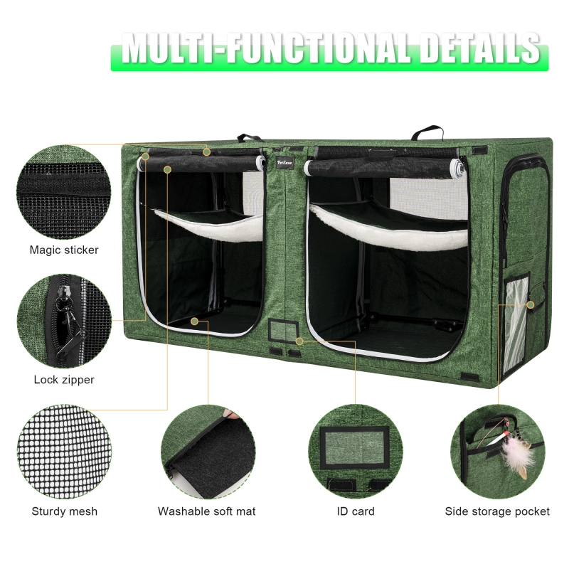 Portable Double Dog Cat Crate,Twin Compartment Cat Show House Cat Condo,Cat Travel Carrier Cages with Litter Box Water Bottle Mat and hamock,Two Room Cat Enclosure Playpen